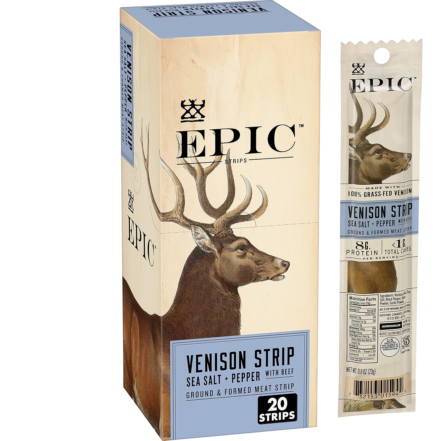 Epic Venison Steak Strips, 100% Grass-Fed, 20-Pack (0.8 oz)