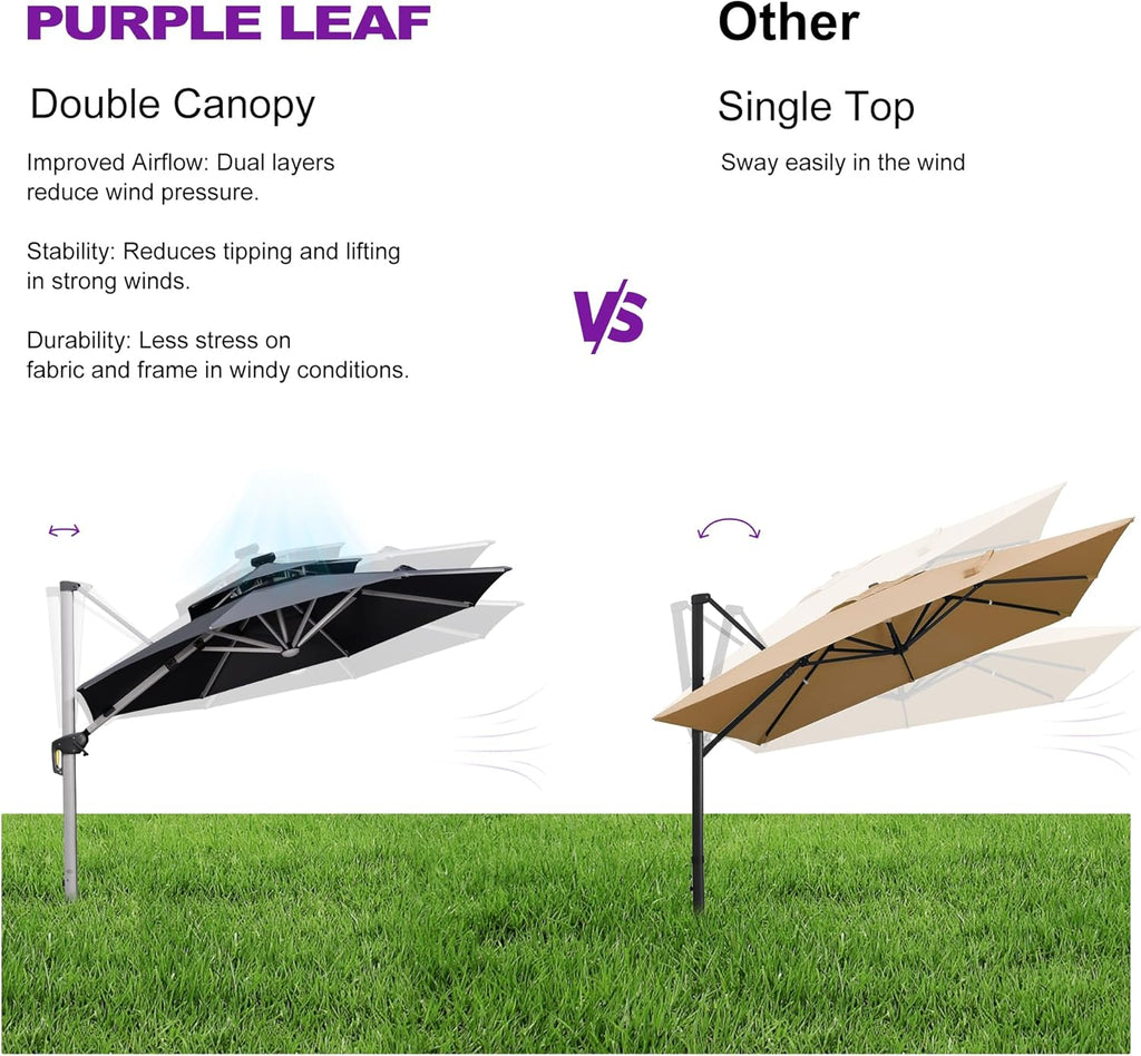 PURPLE LEAF 10ft Solar powered LED Patio Umbrella Outdoor Round Umbrellas Large Cantilever Umbrella with LED lights Windproof Offset Heavy Duty Sun Umbrellas for Garden Deck Pool Patio, Grey