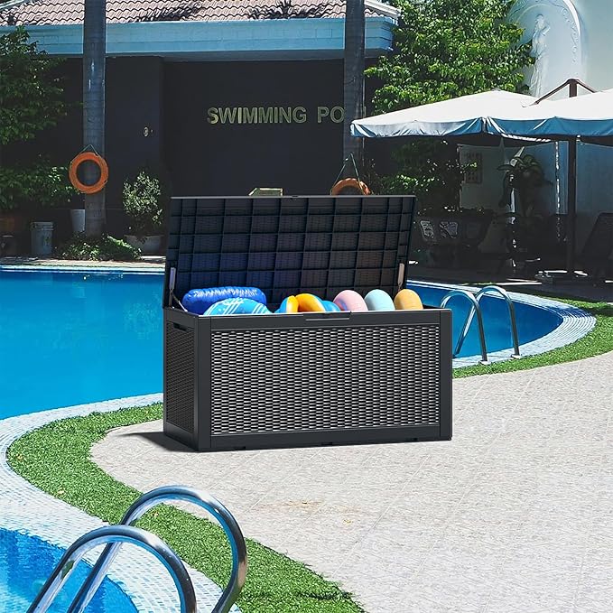 NUNU LAB 102 Gallon Large Waterproof Resin Deck Box, Lockable Outdoor Storage Box with Gas Lift, Patio Cushions, Garden Tools, Pool Supplies, Indoor Outdoor Storage Container, Black
