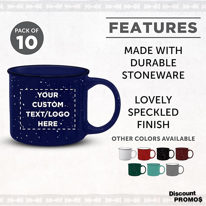 DISCOUNT PROMOS Custom Ceramic Campfire Coffee Mugs 13 oz. Set of 10, Personalized Bulk Pack - Perfect for Tea, Espresso, Cappuccino, Hot Cocoa - Blue