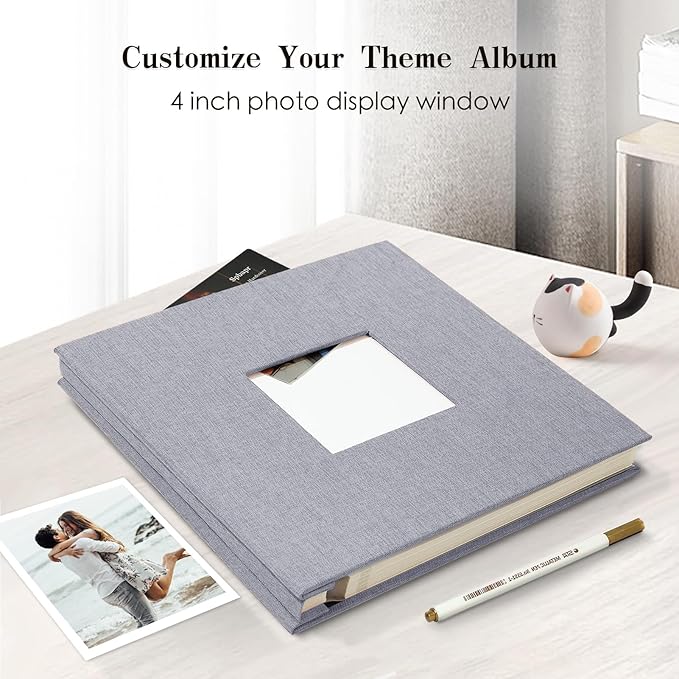 Spbapr Large Photo Album Self Adhesive 4x6 5x7 8x10 10x12 Pictures Magnetic Scrapbook 40 Blank Pages Linen Cover DIY Album with A Metal Pen Light Gray