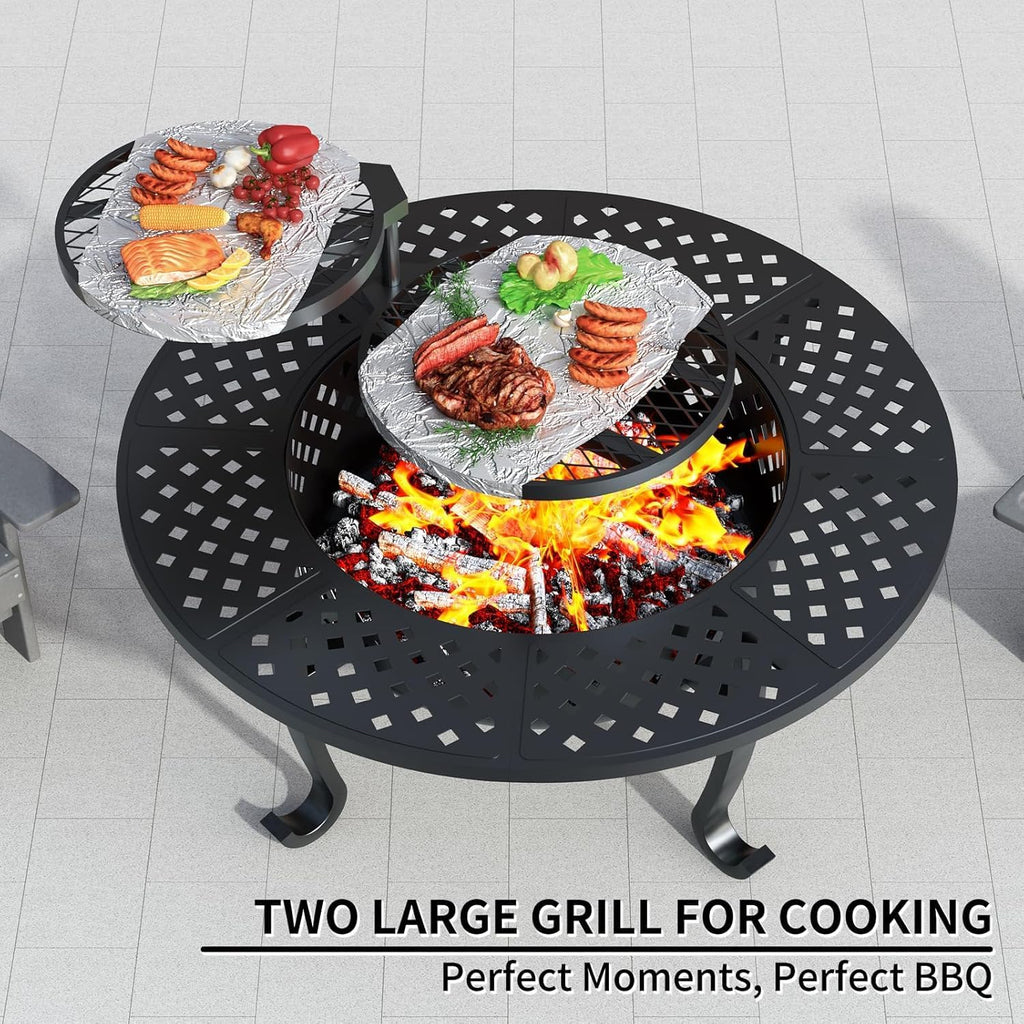 43 Inch Fire Pit with 2 Grill for Outside, Outdoor Wood Burning Firepit with Lid, Metal Round Table for Backyard Patio Garden Picnic Camping Bonfire, Black