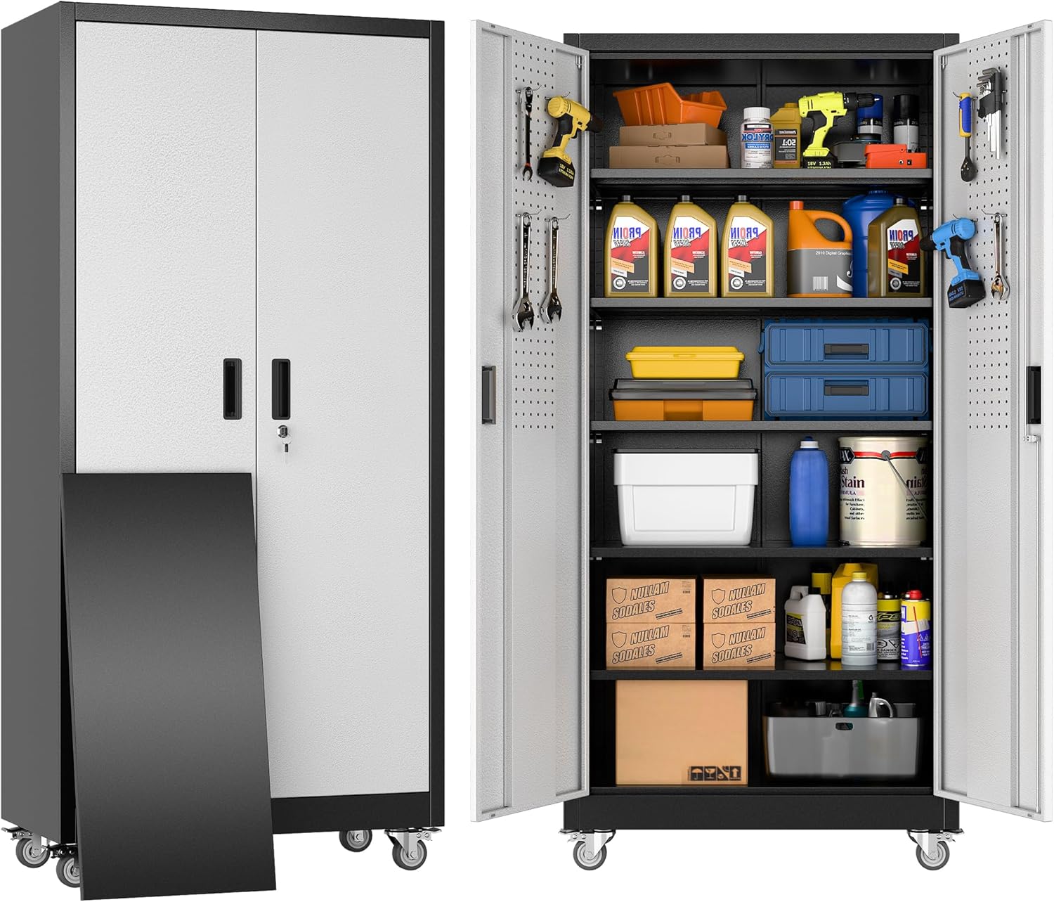 Upgraded Wide & Deep Metal Garage Storage Cabinet with Wheels & Pegboard, Lockable Metal Storage Cabinets with 2 Doors&5 Adjustable Shelves for Garage&Home,Assembly Required,Black Gray