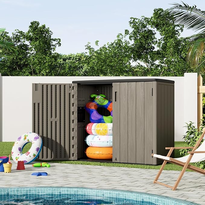 KINYING Outdoor Horizontal Storage Sheds,Outdoor Storage Cabinet Waterproof Resin Tool Storage Box for Lawn Mower,Garden Tools and Patio Furniture, Lockable (Brown)