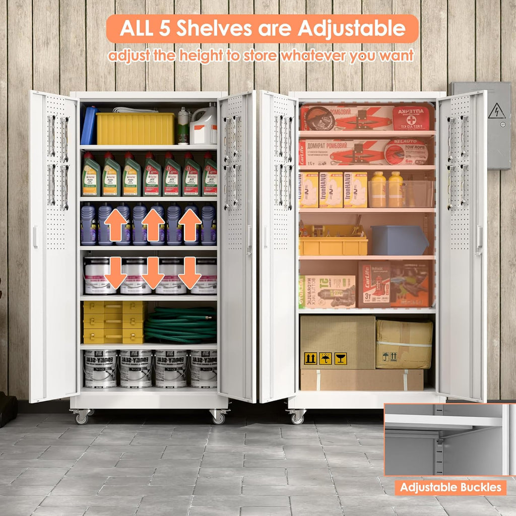 Aobabo 71" H×32" W×16" D Metal Storage Cabinet with Wheels, Garage Steel Storage Cabinet with 5 Adjustable Shelves and 4 Hooks for Home Office, Kitchen, Assembly Required, White