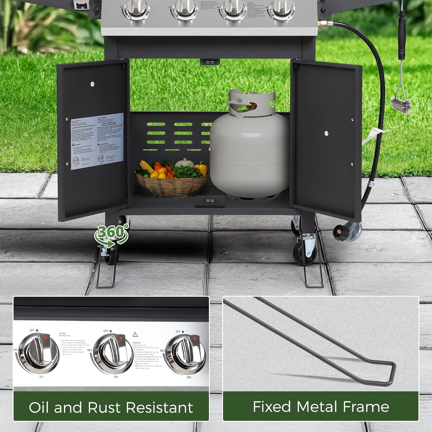 4-Burner Propane Gas BBQ Grill with Wheels, 40,000 BTU Output Stainless Steel Barbecue Grill for Backyard & Outdoor Cooking Easy Assembly, Foldable Side Tables & Spice Rack (Dark Black)