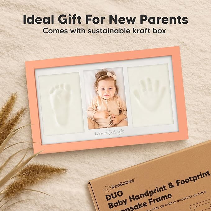 Baby Hand and Footprint Kit - Clay Handprint Keepsake Frame, Newborn Nursery Picture Frame, Personalized New Mom Gifts for Baby Shower & Registry (Salmon)