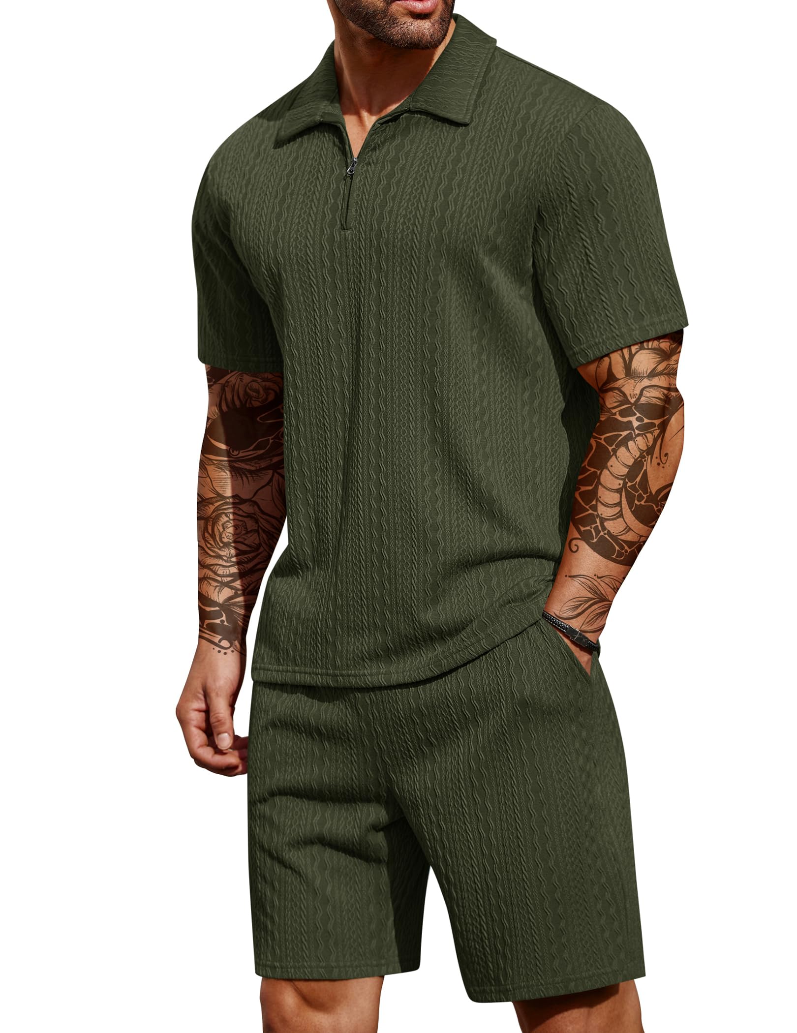 COOFANDY Men's 2 Pieces Outfits Casual Quarter Zip Polo Shirt and Shorts Set Athletic Jogging Summer Tracksuit
