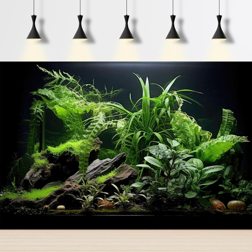 Aquarium Background Freshwater Green Plants Terrarium Background Aquatic Underwater Sea Grass Tank Background Wood Root Rock with Moss Jungle Style Fish Tank Background Poster Wallpaper 36x20in