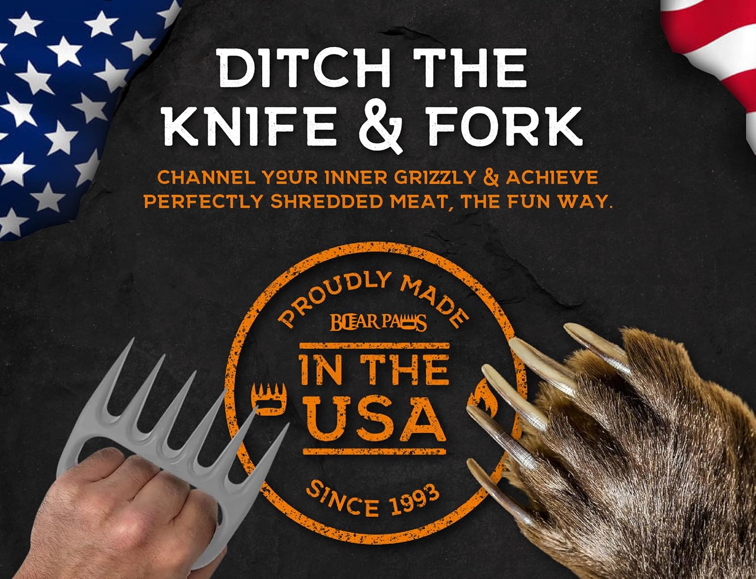 Bear Paws Meat Claws - The Original Meat Shredder Claws for Pulled Pork, USA Made - Easily Lift, Shred, Pull and Serve Pork, Chicken, Brisket and Turkey - Gift for Dad on Father's Day! (Gray)
