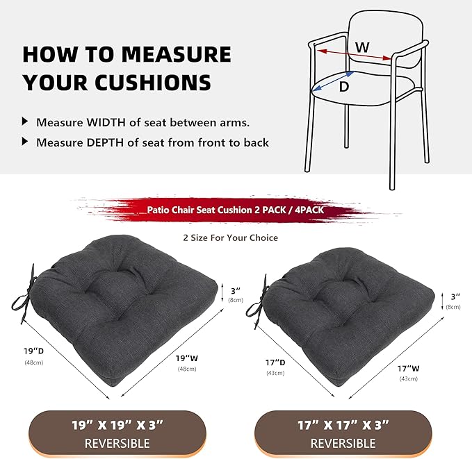 RACE LEAF Outdoor Seat Cushions Set of 2, 17" x 17" Square Patio Cushions, Plump Filling Tufted Water-Resistant Olefin Chair Seat Cushion with Ties for Non-Slip Support, Gray