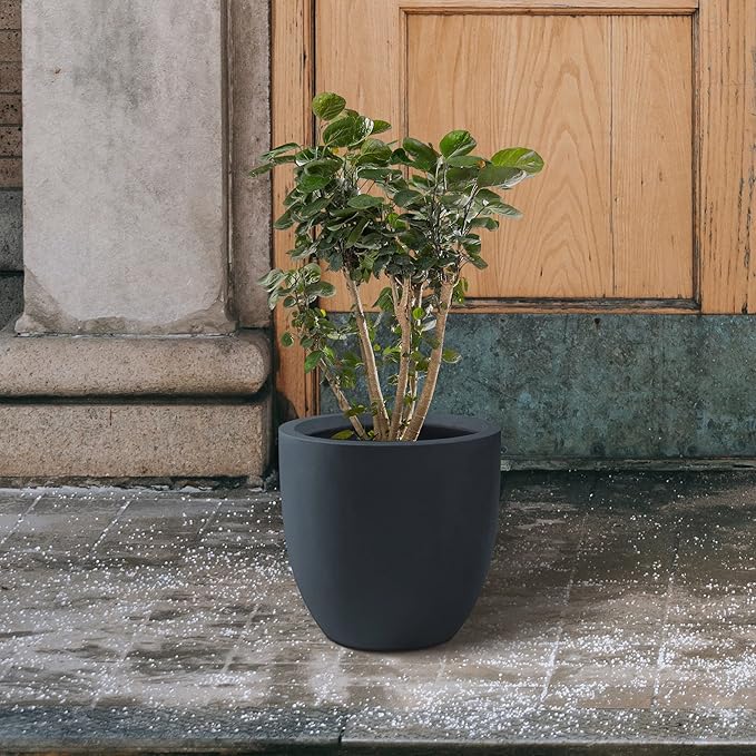 Kante 10 Inch Dia Round Concrete Planter, Indoor Outdoor Large Plant Pot with Drainage Hole and Rubber Plug for Home Patio Garden, Charcoal