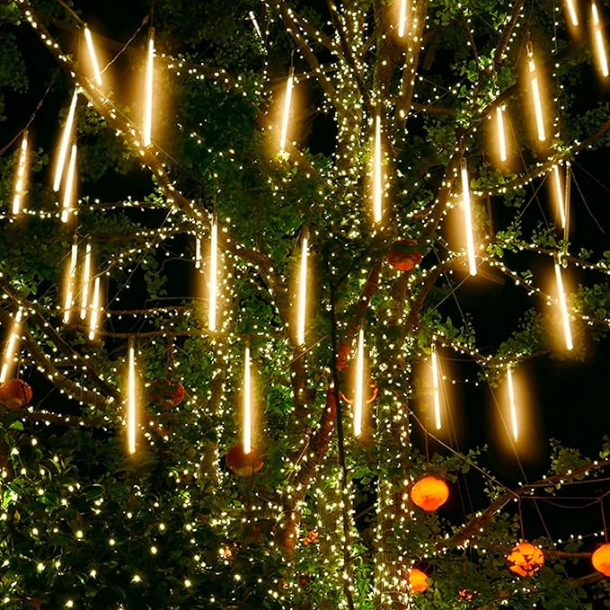 Solar Meteor Shower Lights - 16 Inch 8 Tube 288 LED, Waterproof, Cascading Falling Rain Lights for Tree, Bush, Holiday Parties, Christmas, Patio Decor - Warm White