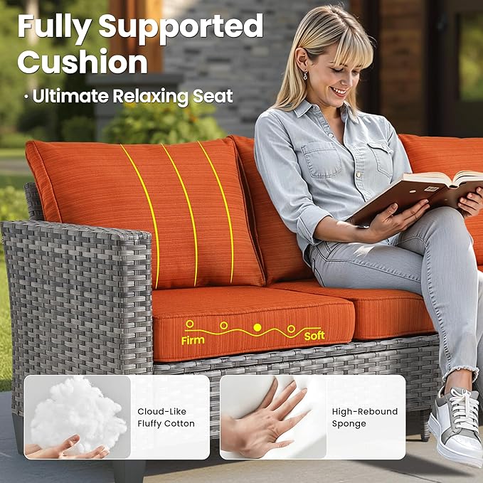 ovios 7 Pieces Patio Furniture Set with 54" Fire Pit Table, Outdoor Wicker Sofa with Comfy Cushions, All Weather High Back Rattan Couch Conversation Set, Orange Red