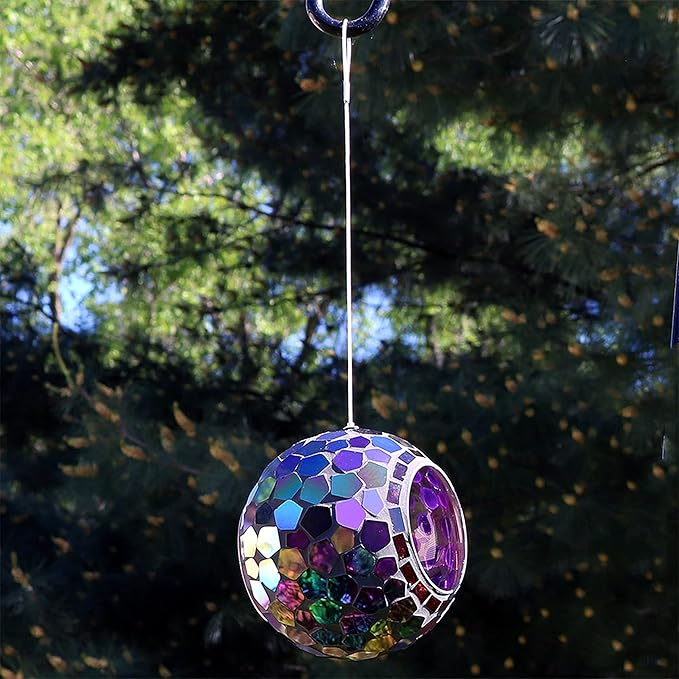 Sunnydaze 6-Inch Glass Mosaic Hanging Bird Feeder for Outdoors - Fly-Through Wild Bird Feeder - Iridescent Purple Mosaic