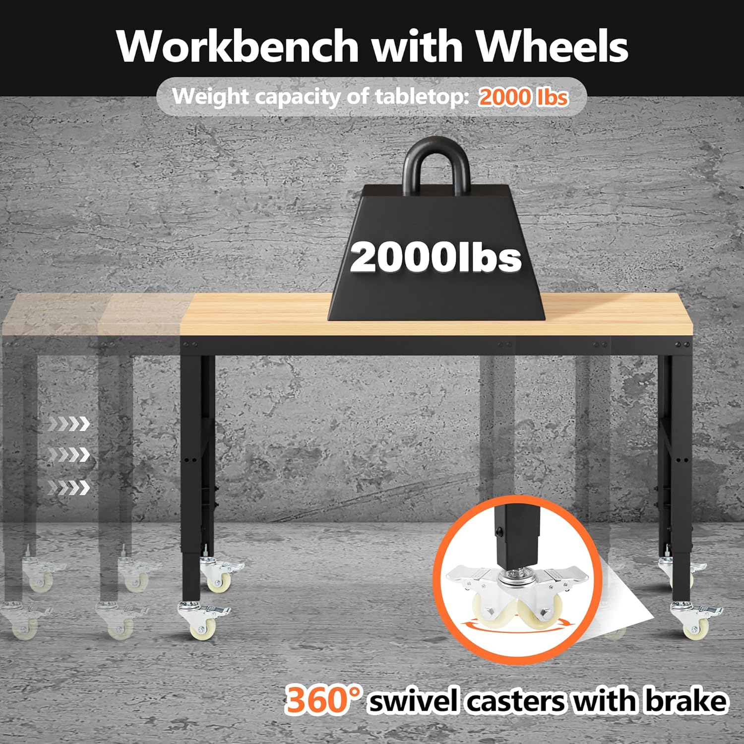 60” Adjustable Workbench，Heavy Duty Wood Work Bench 2000 Lbs Load Capacity,Work Table with Power Outlet and Wheels for Garage, Workshop, Office, Home