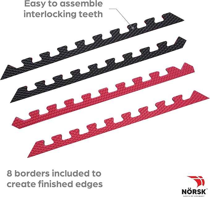 Norsk Reversible Gym Exercise Mats 3/4" Thick EVA Interlocking Foam Tiles, Perfect Home Gym Flooring, 36 Tiles & 72 Trim Pieces, 144 Sq. Ft. Reversible, Red/Black