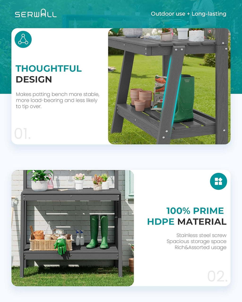 SERWALL Potting Bench Outdoor with Storage Set of 2, 3-Tier HDPE Gardening Table with Angled Legs & Tool Hooks, All-Weather Heavy Duty Potting Table for Patio, Backyard, Garden, Gray