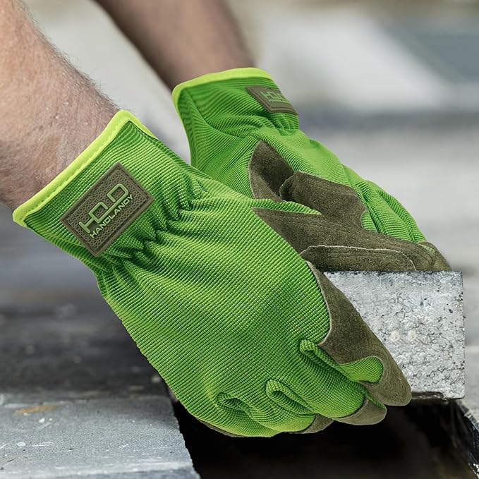 HANDLANDY Leather Work Gloves for Men & Women, Reinforced Durable Garden Gloves, Cowhide Working Glove for Gardening