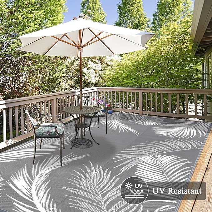 Pauwer Waterproof Outdoor Rug 8x10, Reversible Plastic Straw Patio Camping Rug, Indoor Outdoor RV Mat Carpet for Deck, Camper, Porch, Balcony, Backyard, Picnic, Leaf Grey