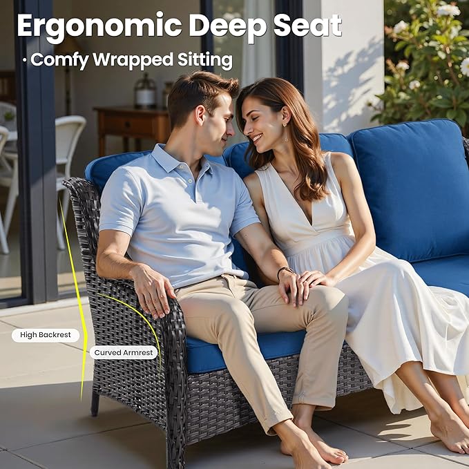 ovios 5 Pieces Patio Furniture Set with 42" Fire Pit Table, Outdoor Wicker Sofa with Loveseat, Comfy Cushions, High Back Couch Conversation Set, Brown Rattan, Navy Blue