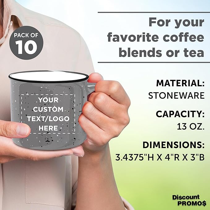 DISCOUNT PROMOS Custom Ceramic Campfire Coffee Mugs 13 oz. Set of 10, Personalized Bulk Pack - Perfect for Tea, Espresso, Cappuccino, Hot Cocoa - Grey