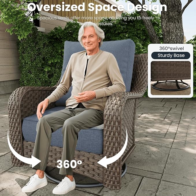 9 Pieces Outdoor Patio Furniture Sets with Rocking Swivel Chairs with 6-inch Thick Cushion and Side Table for Deck Lawn