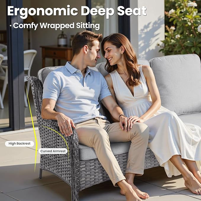 ovios 6 Pieces Patio Furniture Set with 42" Fire Pit Table, Outdoor Wicker Sofa with Ottomans, Comfy Cushions, High Back Couch Conversation Set, Grey Rattan, Grey