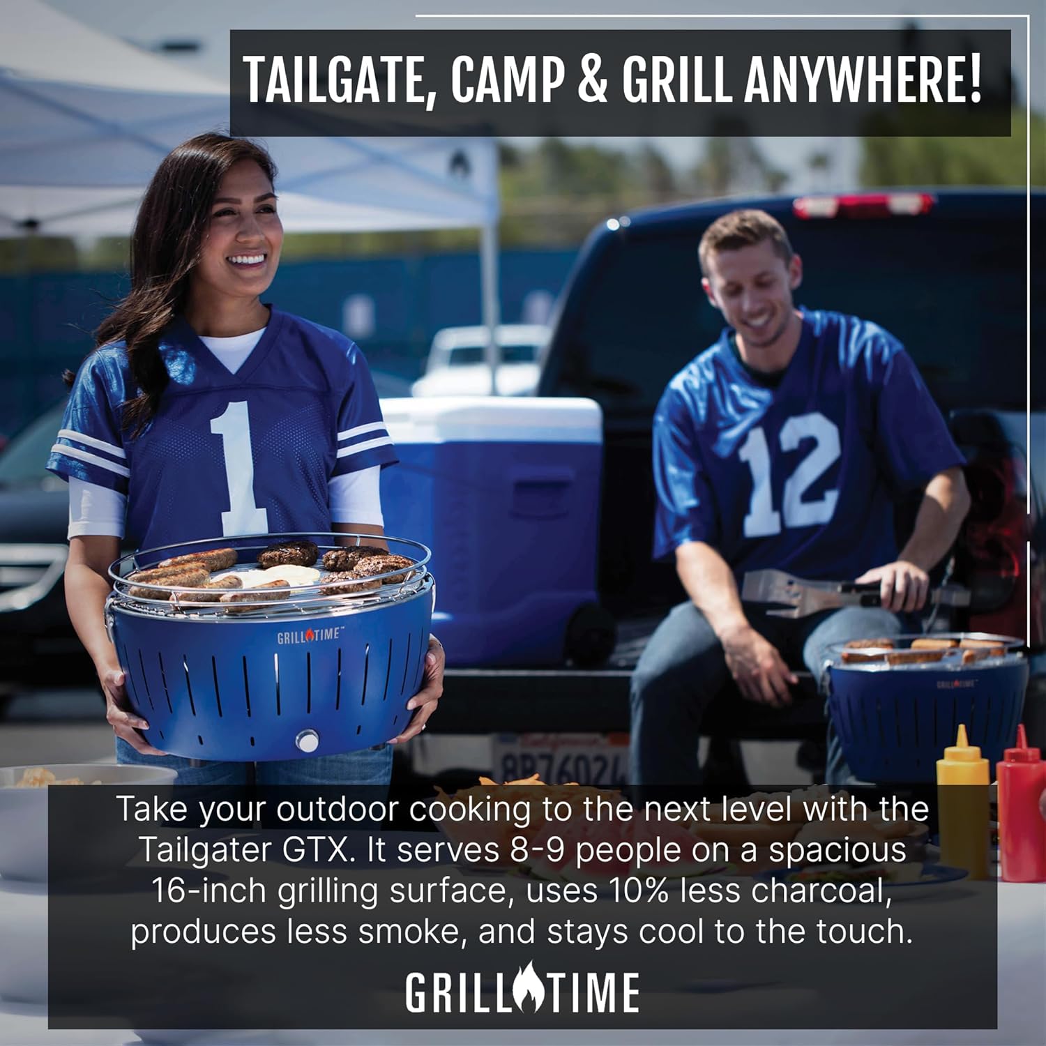 GrillTime Tailgater GTX Portable Charcoal Grill 16 Inch - Smokeless Tabletop Grill for Camping, Tailgate Parties, Beach BBQ, Travel Grey
