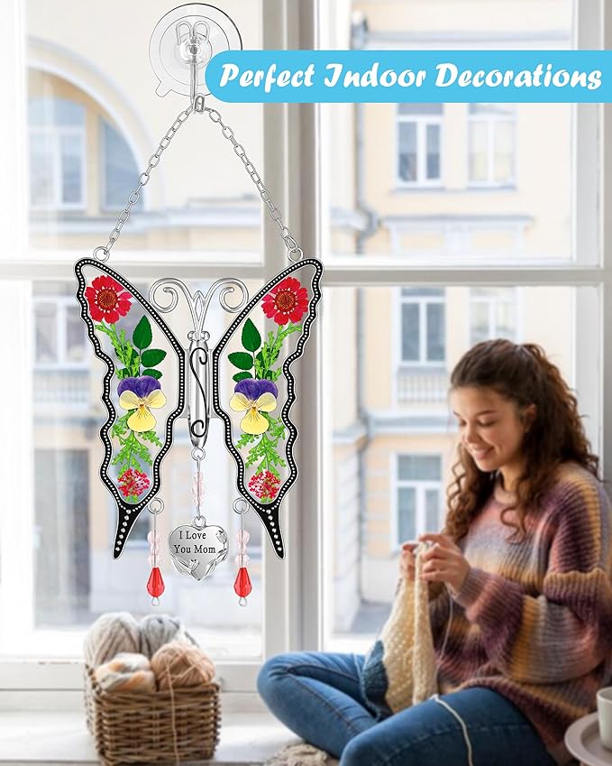 KY&BOSAM Gifts for Mom Butterfly Suncatcher Mom Gifts Mothers Day I Love You Mom Stained Glass Sun Catcher for Window Hangings Wind Chime Ornament Birthday Gift for Mother`s Day Valentine`s Christmas