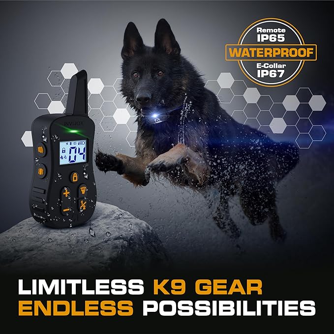 INVIROX Dog Shock Collar [Ultra K9] 124 Training Levels, 4 Powerful Modes with Night-Light and ¾ Mile Range 100% Safe Dog Training Collar for Large Dogs IP67 Waterproof (Black)