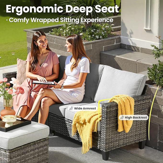 ovios 6 Pieces Patio Furniture Set with 30" Fire Pit Table, Outdoor Wicker Sofa with Comfy Cushions, All Weather High Back Rattan Couch Conversation Set, Grey