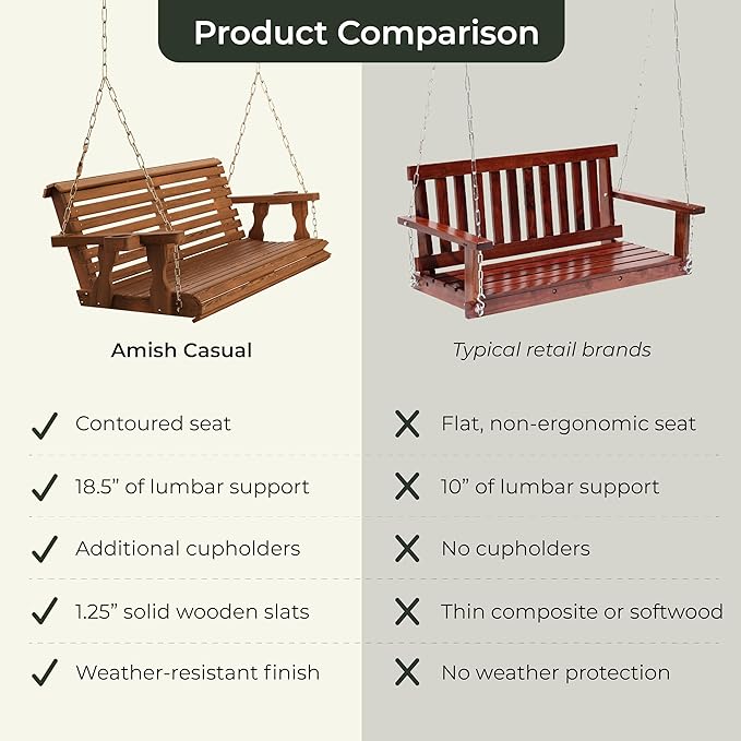 Amish Casual 6 Foot Roll Back Porch Swing with Cup Holders in Dark Walnut Stain - Amish Made in The USA from Treated Pine Heavy Duty 700 Lb. Weight Capacity