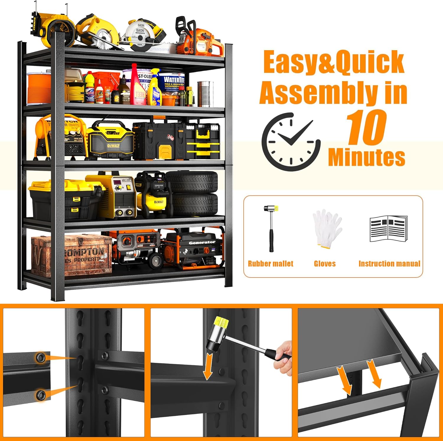 72''H Garage Shelving Heavy Duty Garage Storage Shelves, 3000 LBS Adjustable 5 Tier Industrial Shelving Unit, Metal Utility Shelf for Basement, Warehouse and Workshop (72''Hx48''Wx24''D, Black)