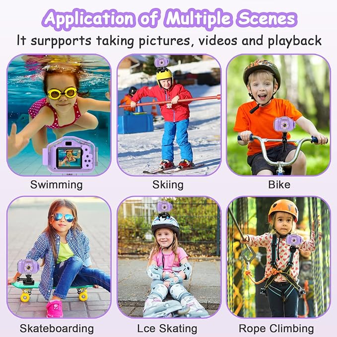 Agoigo Kids Waterproof Camera - Children Underwater HD Video Digital Camcorder, Portable Travel Toy for Toddler - Ideal Christmas Birthday Gifts for Boys Girls Age 3-12 with 32GB Card (Purple)