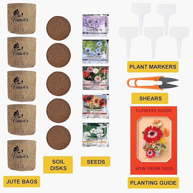 Indoor Daisy Garden Starter Kit with Gardening Tools - Jute Bags, Markers, Soil Disks and Shears, Home Gardening Gifts for Women Men Plant Lovers