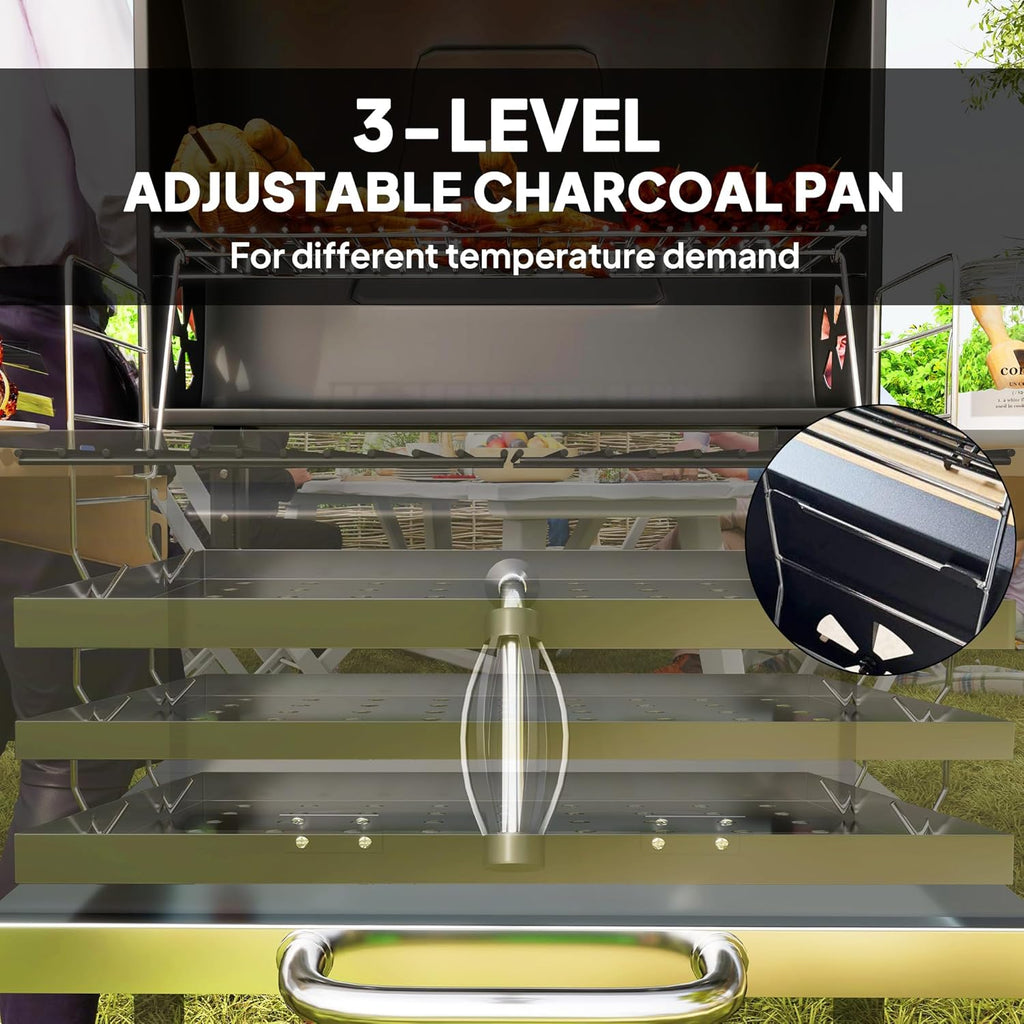 Outsunny Charcoal BBQ Grill with 245 sq. in. Cooking Area, Outdoor Barbecue Grill with Adjustable Charcoal Pan, 3 Shelves, Thermometer, Wheels for Patio, Backyard, Party, Picnic, Black