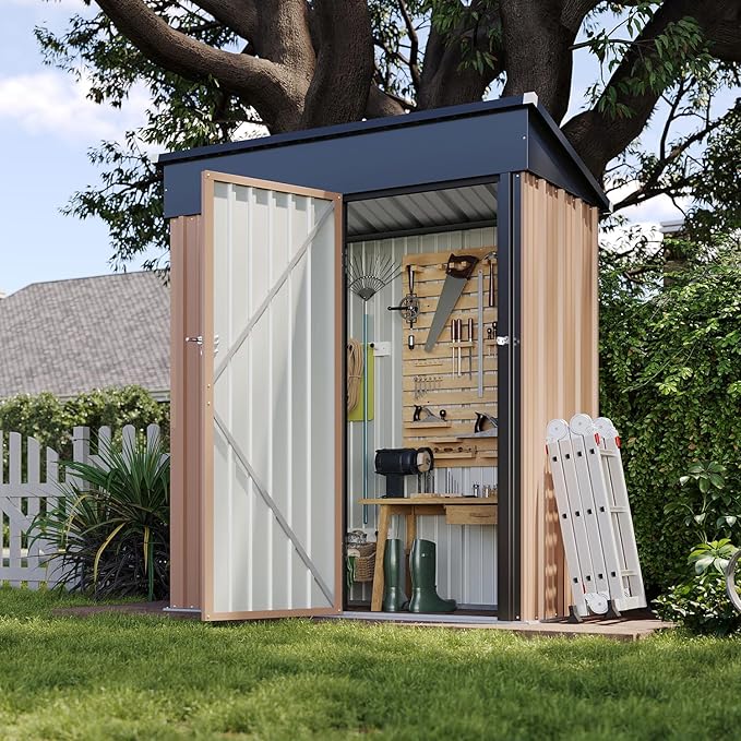 Aoxun 5x3 FT Shed Outdoor Waterproof Storage Shed Metal Garden Shed with Lockable Doors & Slooping Roof for Backyard, Patio, Poolside (Brown)