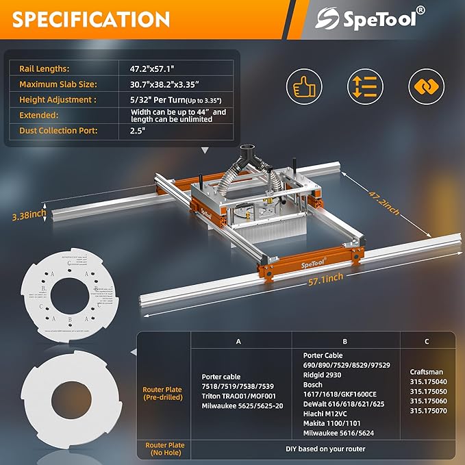 SpeTool Xpert Router Sled for Flattening Slabs with Continuous Height Adjustment & Dust Collection, Easy-to-install 3-Axis Aluminum Slab Flattening Jig, Spoilboard Slab Flattening Mill for Woodworking