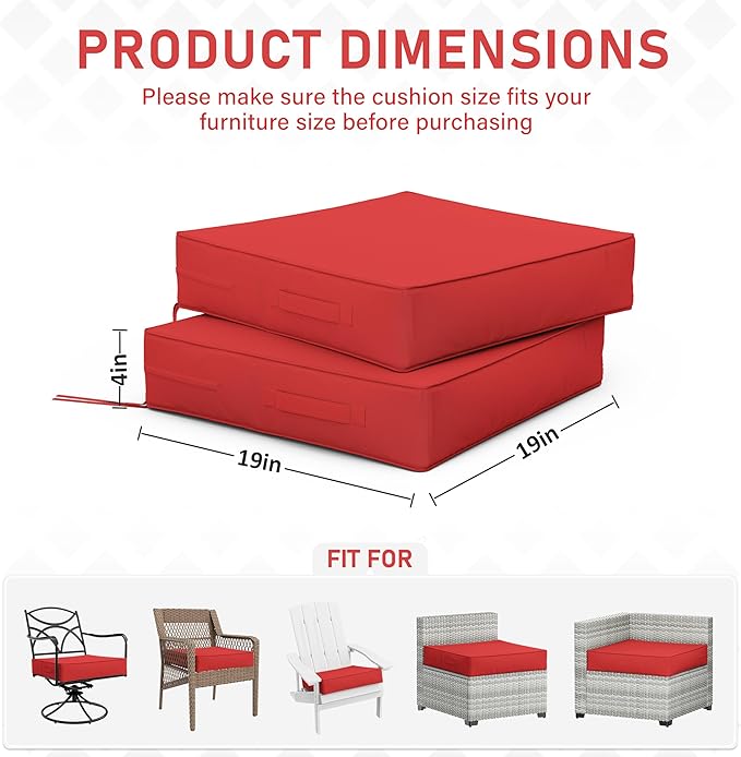 Patio Chair Cushions 19 X 19 X 4 Inch Waterproof Outdoor Seat Cushions for Patio Furniture, Outdoor Sofa Couch Pads with Ties & Handle, Set of 2, Red