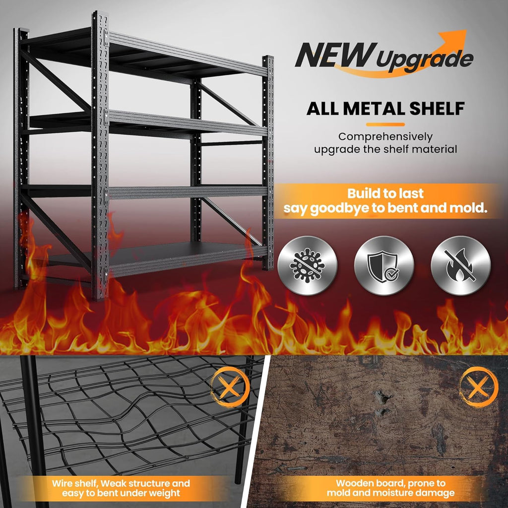 Set of 2 Storage Shelves, 4 Tier Heavy Duty Garage Shelving Units, 48” Wide Rack Shelf, 3000LBS Steel Industrial Shelving, 24” Deep Adjustable Standing Shelf for Warehouse 24" D x 48" W x 70" H Black