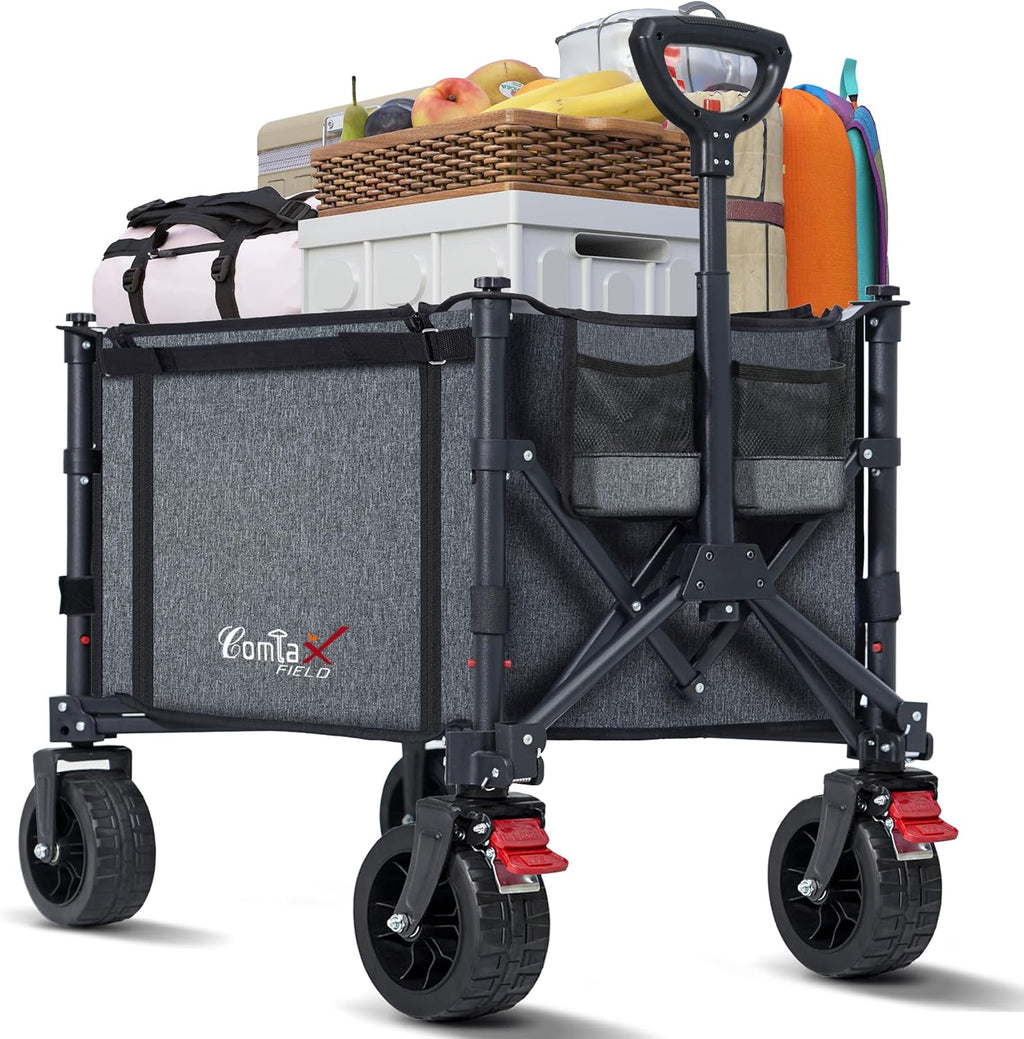 Collapsible Wagon Cart Foldable with Big Wheels Brakes, 250lbs Folding Utility Lightweight Garden Wagon, Portable Grocery Cart for Camping Shopping Sports Pets, Grey