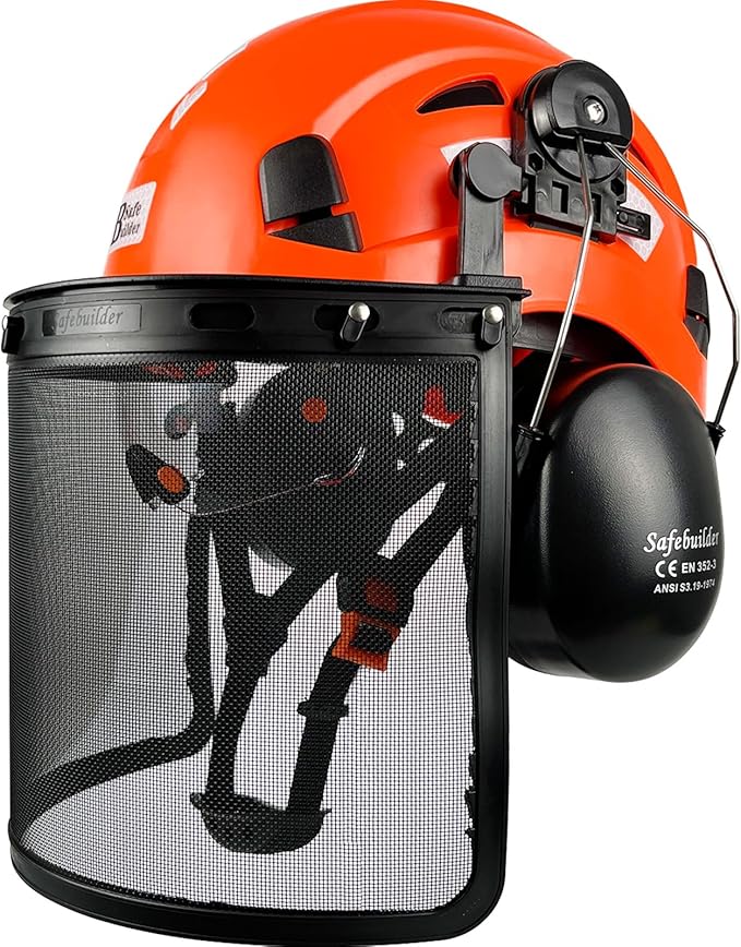 SAFEBUILDER  Forestry Safety Helmet with Build-in Visor Mesh Face Shield Ear Muffs 4 in 1 Chainsaw Safety Hard Hats