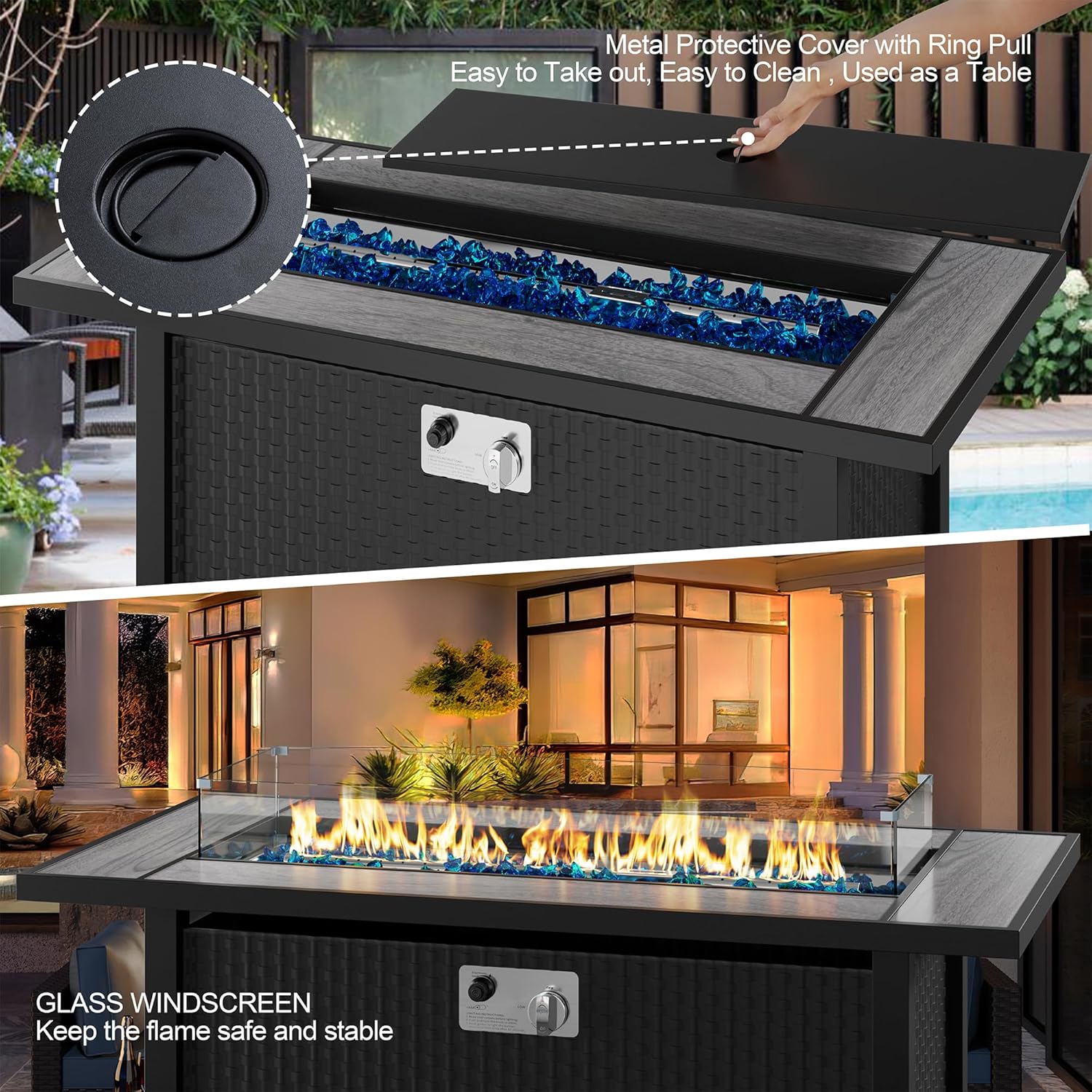 45 inch Outdoor Propane Fire Pit 50,000 BTU Gas Fire Pit Table with Lid, Glass Wind Guard, Waterproof Cover, Rectangle Gas Firepit Table for Garden/Patio, CSA Certification