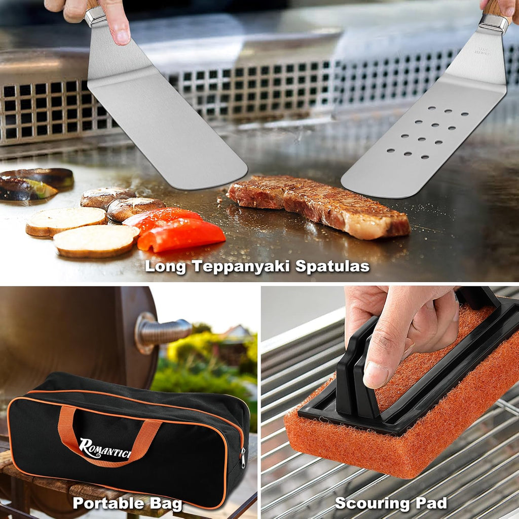 ROMANTICIST 19PCS Griddle Accessories Set - Flat Top Teppanyaki Spatula Set with Scraper, Basting Cover for Camp Chef- Home Cooking Griddle and Outdoor BBQ Gifts for Christmas