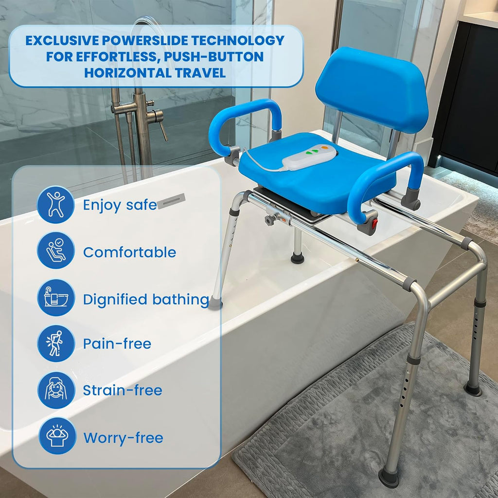 Carousel Sliding Shower Chair Transfer Bench with Swivel Seat, PowerSlide Capability, Push Button Powered Travel