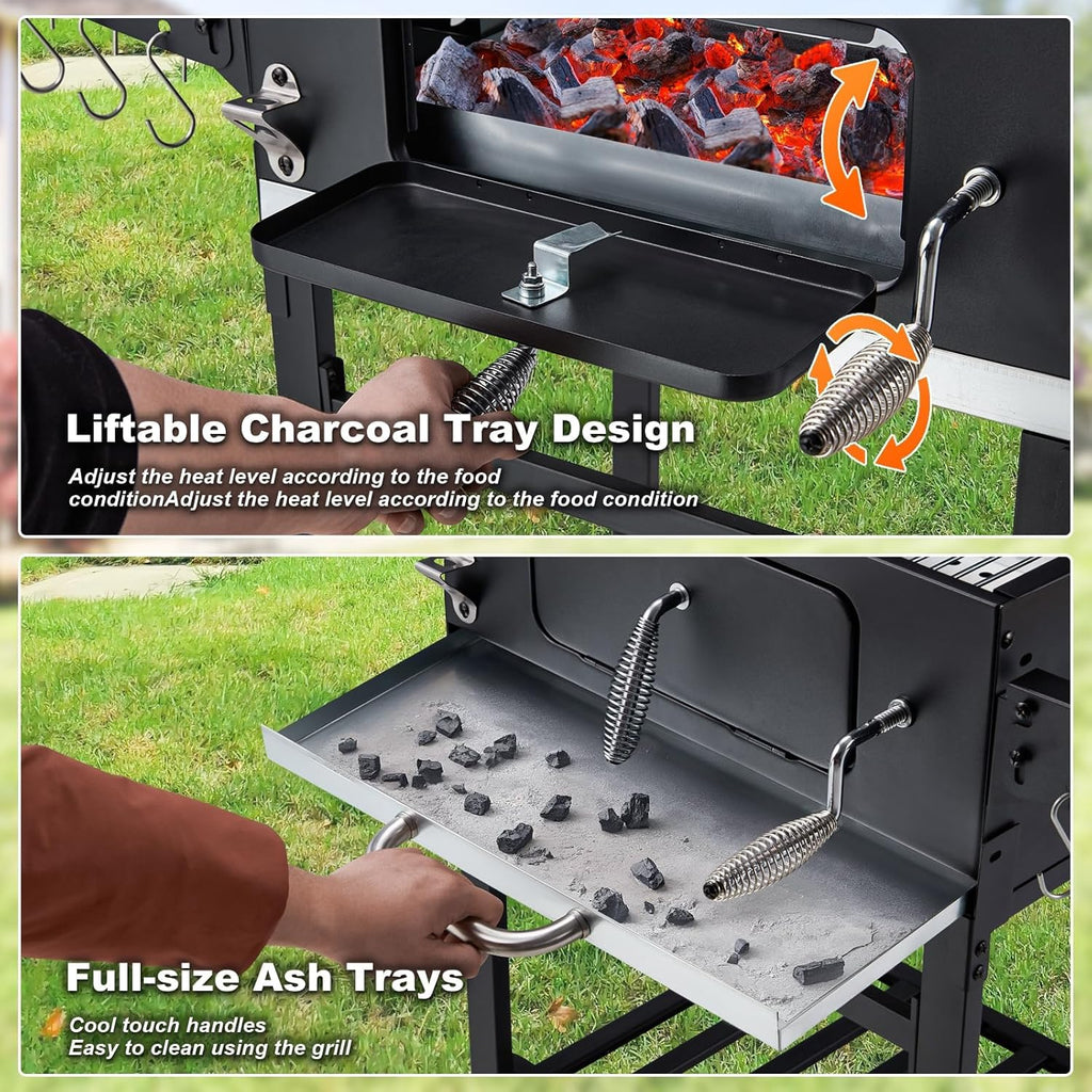MELLCOM Charcoal Grill with Wood Foldable Side Table - 338 Sq.In BBQ Area with Individual Lifting Charcoal Trays & Thermometer, Movable Charcoal Grill for Outdoor Patio, Garden and Backyard