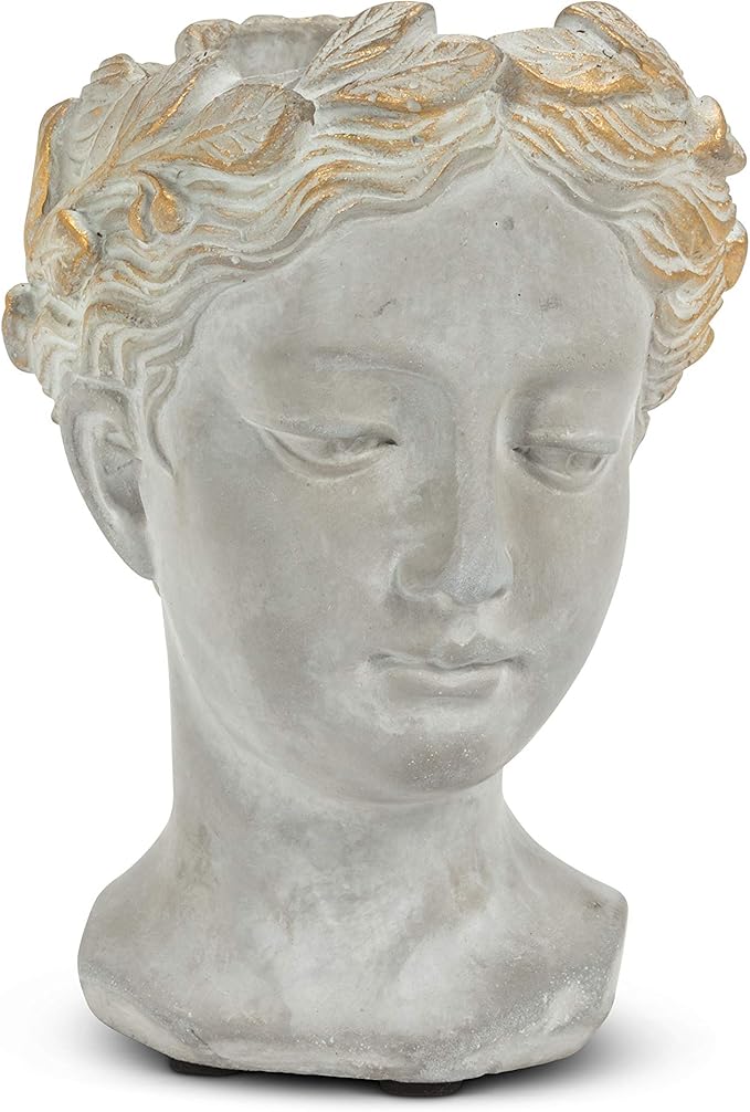 Abbott Collection Aphrodite Head Planter – Small Indoor and Outdoor Planter Pots - Whimsical Woman Statue Head Planter for Flowers and Succulents (6.5 inch, Grey/Gold)
