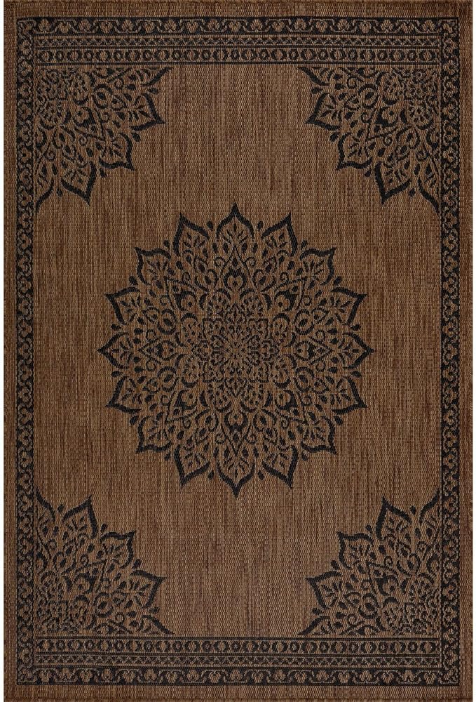 CAMILSON Outdoor Rug, 9x12 Medallion Nut Brown Black Modern Area Rugs for Large Indoor and Outdoor Patios, Kitchen and Hallway Mats, Washable Porch Deck Outside Carpet (Nut Brown Black, 9 x 12)