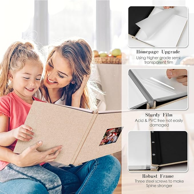 Spbapr Large Photo Album Self Adhesive 60 Pages Linen cover DIY Magnetic Scrapbook album with A Metal Pen Hold 3x5 4x6 5x7 6x8 8x10 Pictures Khaki